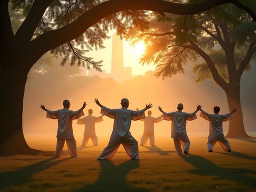 Morning tai chi practice at Gongqing Forest Park in Shanghai