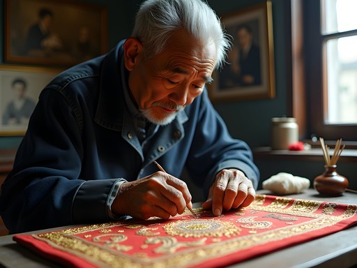 Master craftsman repairing antique silk brocade at Yuyuan Mending Workshop in Shanghai