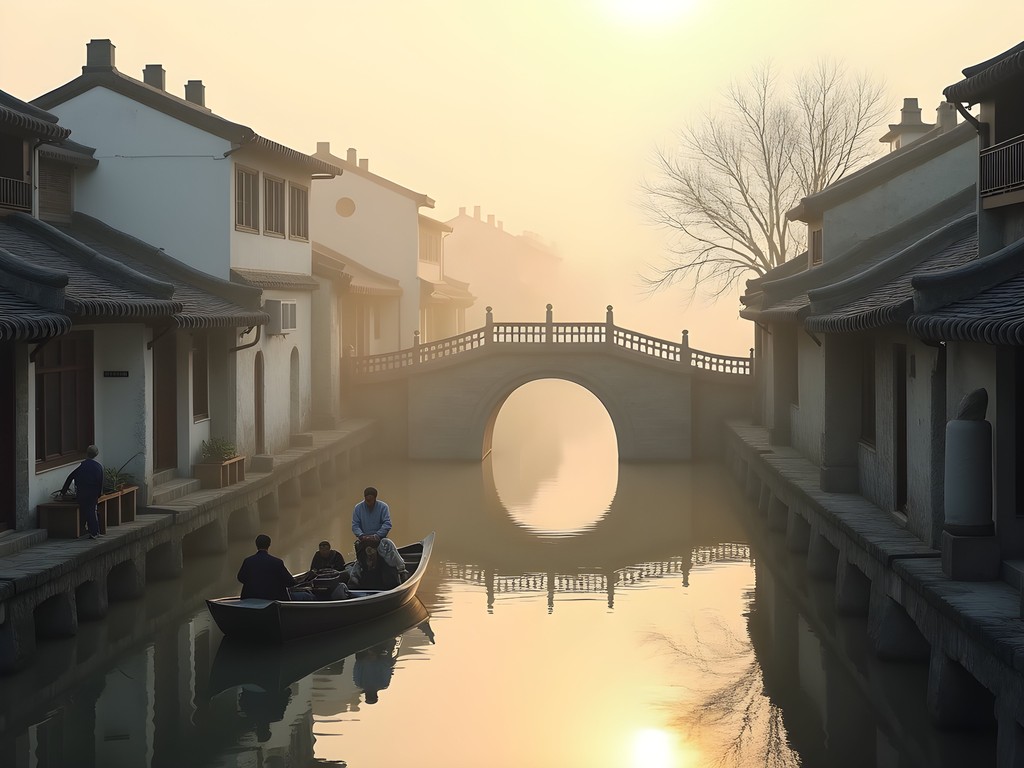 Early morning canal scene in Zhujiajiao water town near Shanghai