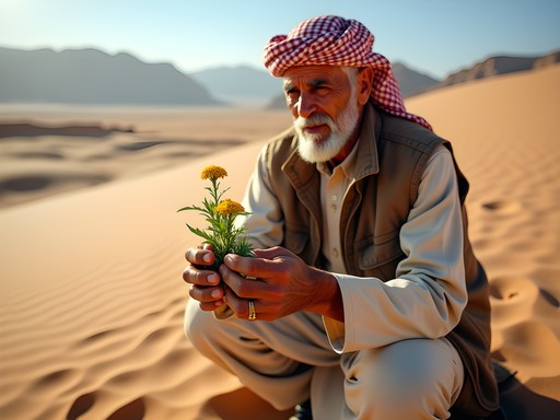 Bedouin guide showing medicinal desert plants to visitors in Sinai