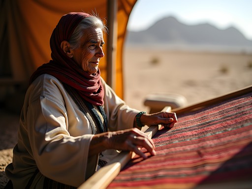 Bedouin woman demonstrating traditional weaving techniques using natural dyes