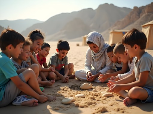 Children learning traditional Bedouin bread making in Sinai Desert