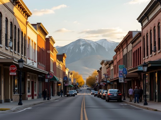 Historic downtown Sheridan Wyoming with sandstone buildings and mountain backdrop