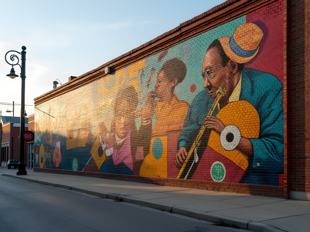 Colorful street mural in downtown Shreveport depicting musical heritage with jazz instruments and local cultural elements