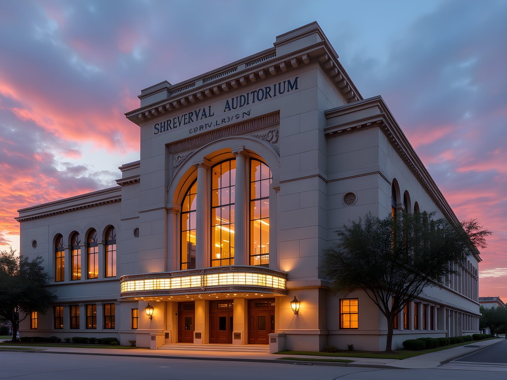Historic Shreveport Municipal Auditorium exterior with art deco architecture at sunset