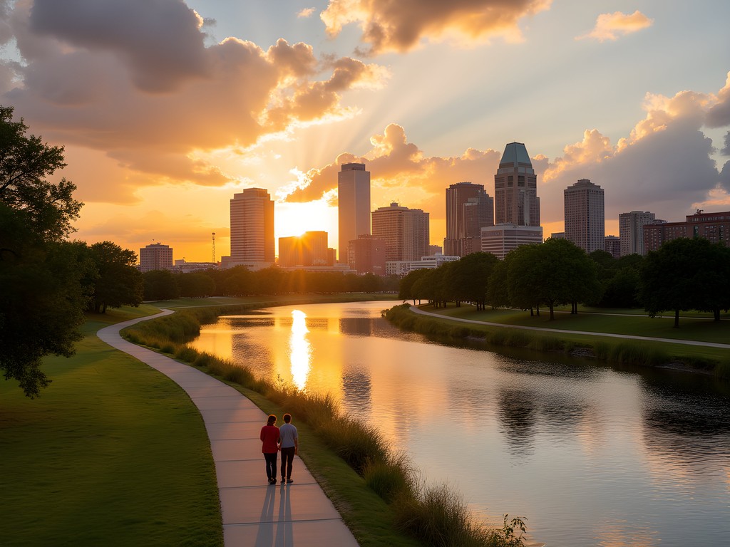 Scenic view of Shreveport's downtown skyline and riverfront park along the Red River at sunset with couples walking