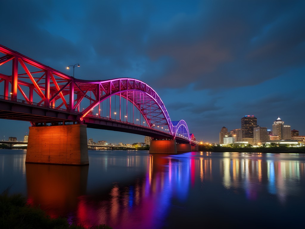 Texas Street Bridge connecting Shreveport and Bossier City illuminated with colorful LED lights at night reflected in Red River