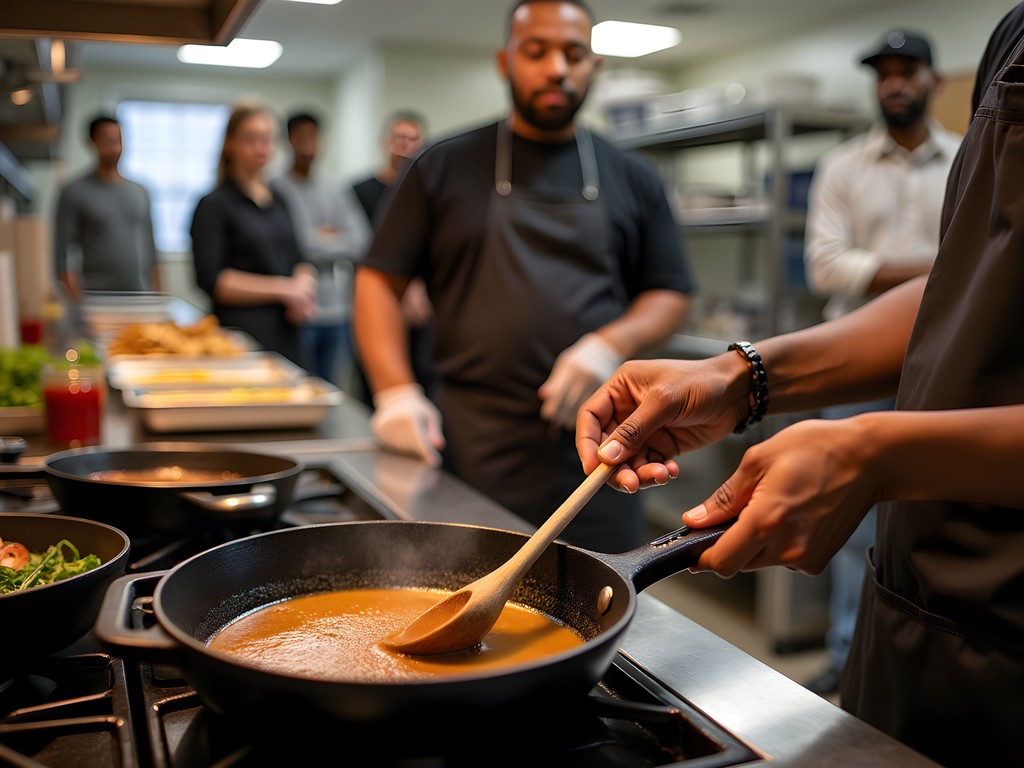 Chef demonstrating proper roux technique at Southern Fork Catering cooking class