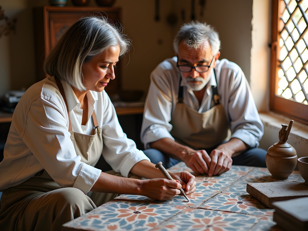 Claire Torres learning traditional zellij tilework from a master craftsman in Fez