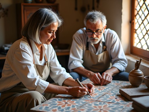 Claire Torres learning traditional zellij tilework from a master craftsman in Fez