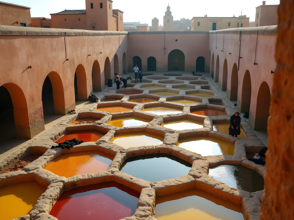 Historic Chouara Tannery in Fez with colorful dyeing pits and leather workers