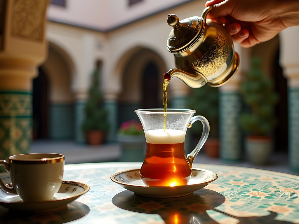 Traditional Moroccan mint tea being poured from height into ornate glasses in a Fez riad courtyard