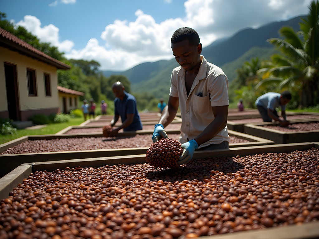 Traditional cocoa bean drying process at Belmont Estate in Grenada with workers