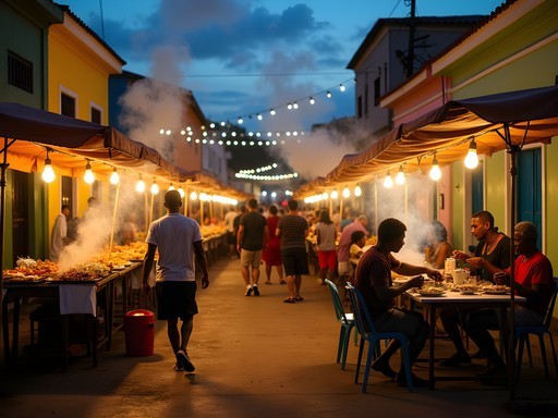 Vibrant evening street scene at Gouyave Fish Friday festival with food vendors and locals