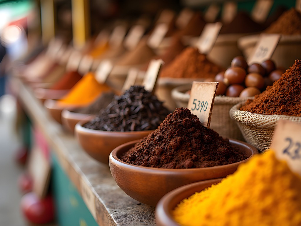 Colorful display of Grenadian spices at St. George's Market with local vendor