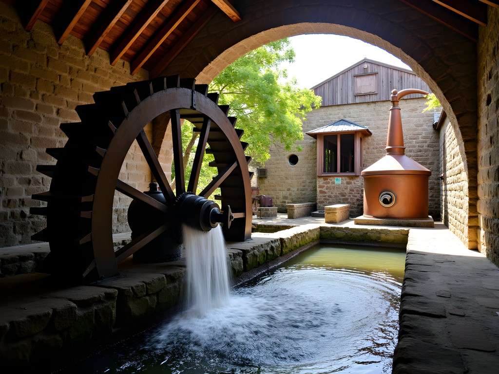Historic water wheel and traditional rum production methods at River Antoine Distillery in Grenada