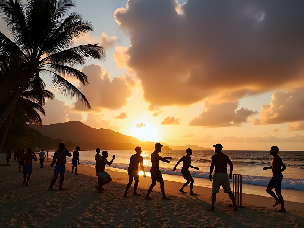 Impromptu beach cricket game at sunset on Grand Anse Beach in Grenada with families playing