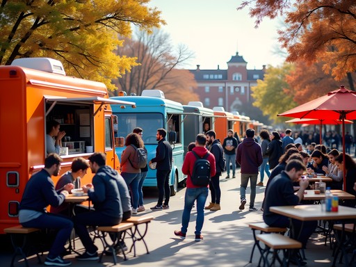 Food trucks near Oklahoma State University campus with students enjoying meals