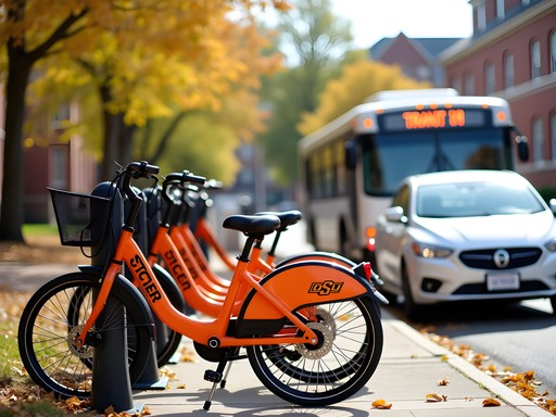 Orange OSU bikes and electric vehicle charging station on campus