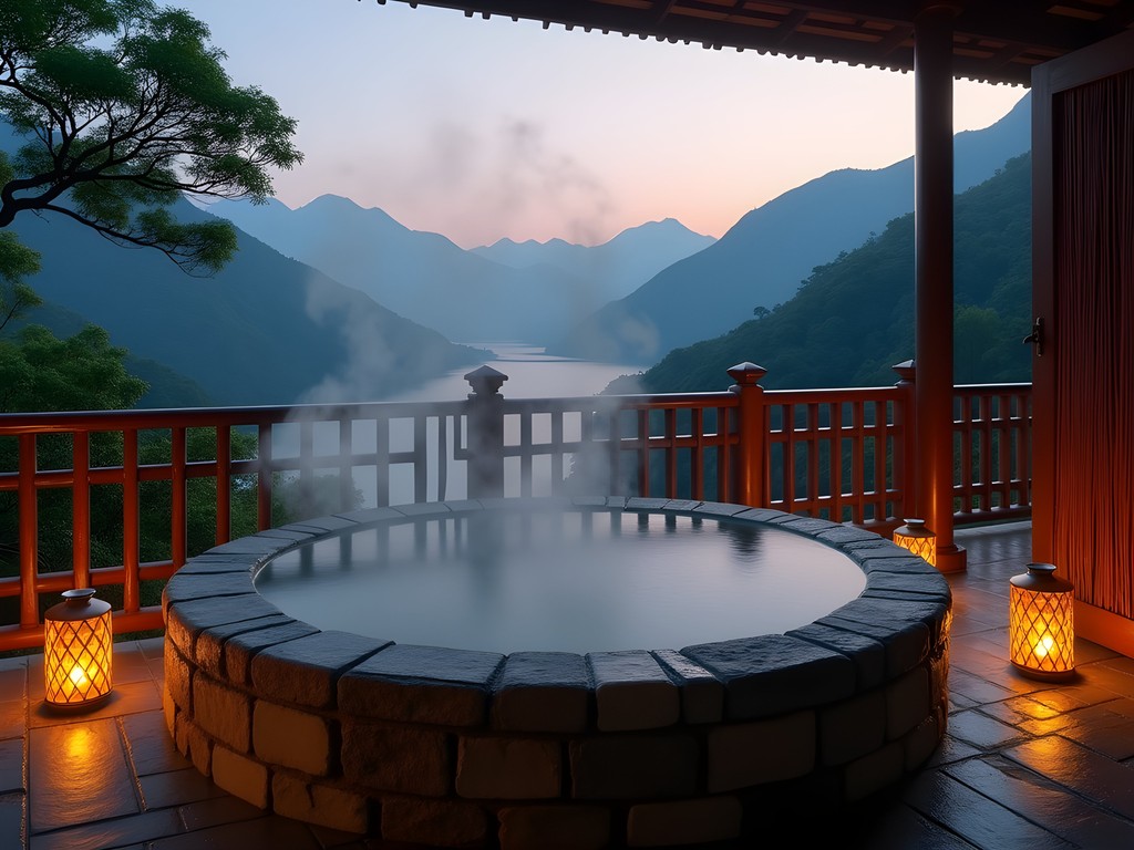 Private outdoor hot spring bath overlooking forested mountains near Sun Moon Lake at twilight