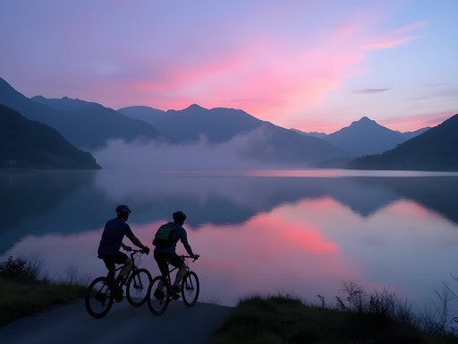Couple cycling along Sun Moon Lake's eastern shore at dusk with mountains reflected in still waters