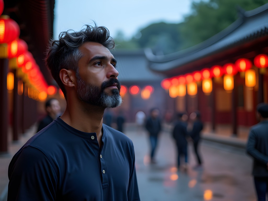 Traveler standing in Xingtian Temple courtyard observing evening worship rituals