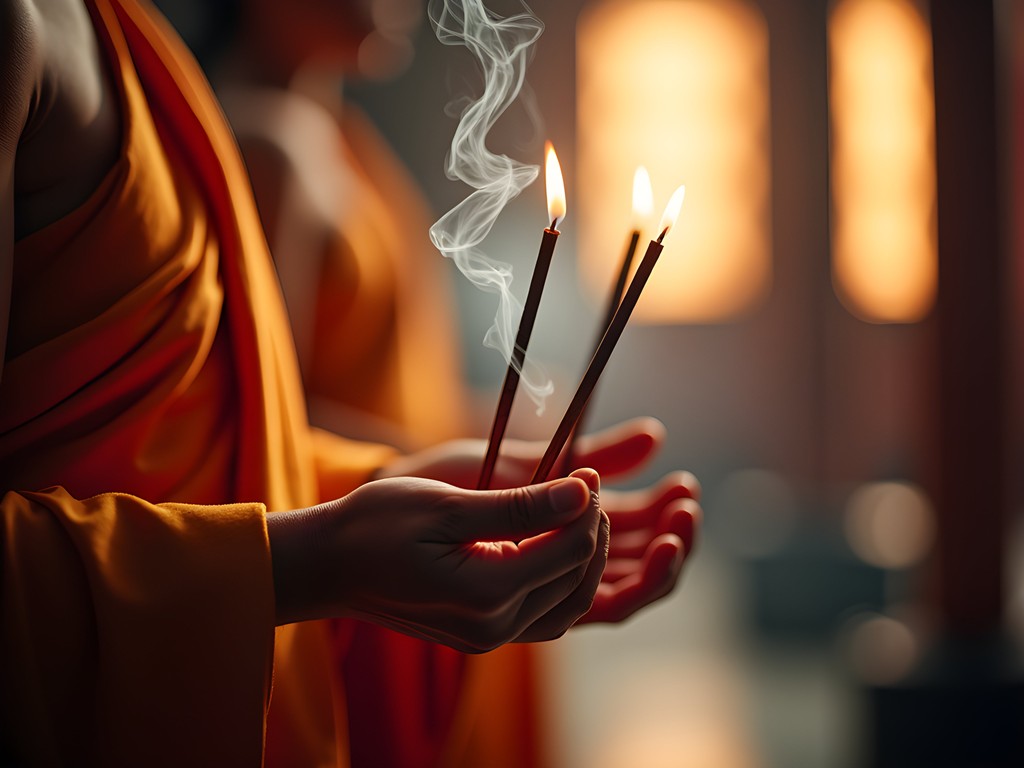 Hands holding lit incense sticks during traditional temple offering ritual in Taipei