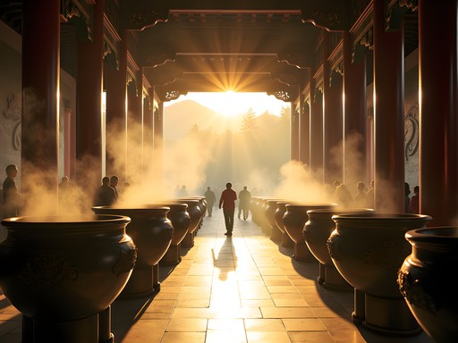 Morning incense smoke rising at Longshan Temple in Taipei with worshippers in prayer