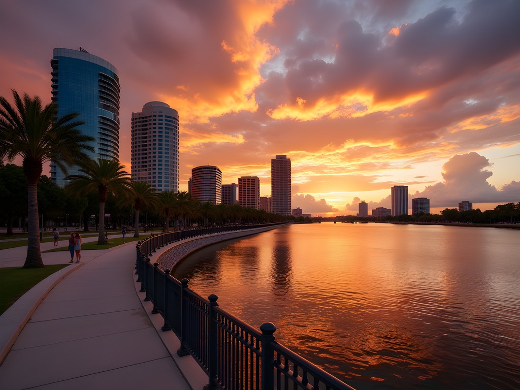 Tampa Riverwalk and city skyline at sunset with colorful reflections on the water