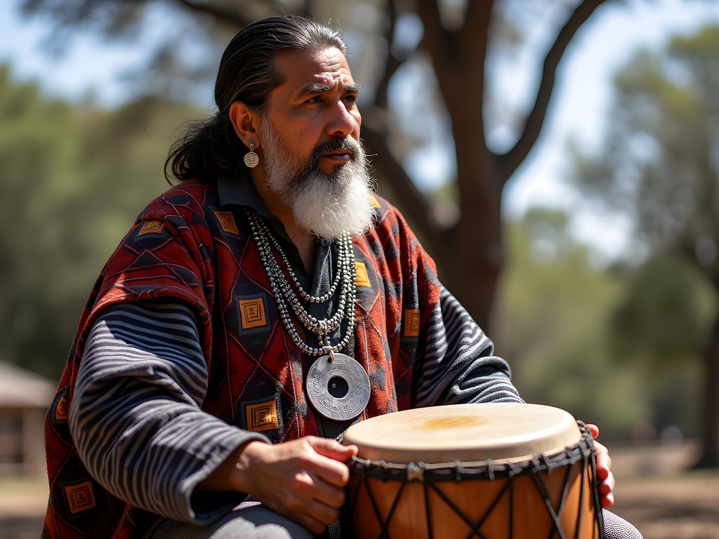 Mapuche machi playing kultrun drum during traditional ceremony near Temuco