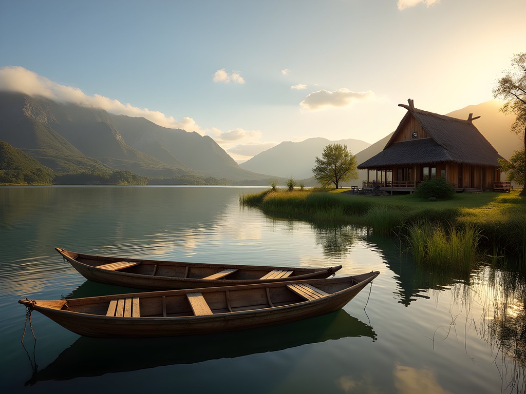 Sustainable Mapuche tourism experience at Lake Budi with traditional boats and mountains in background