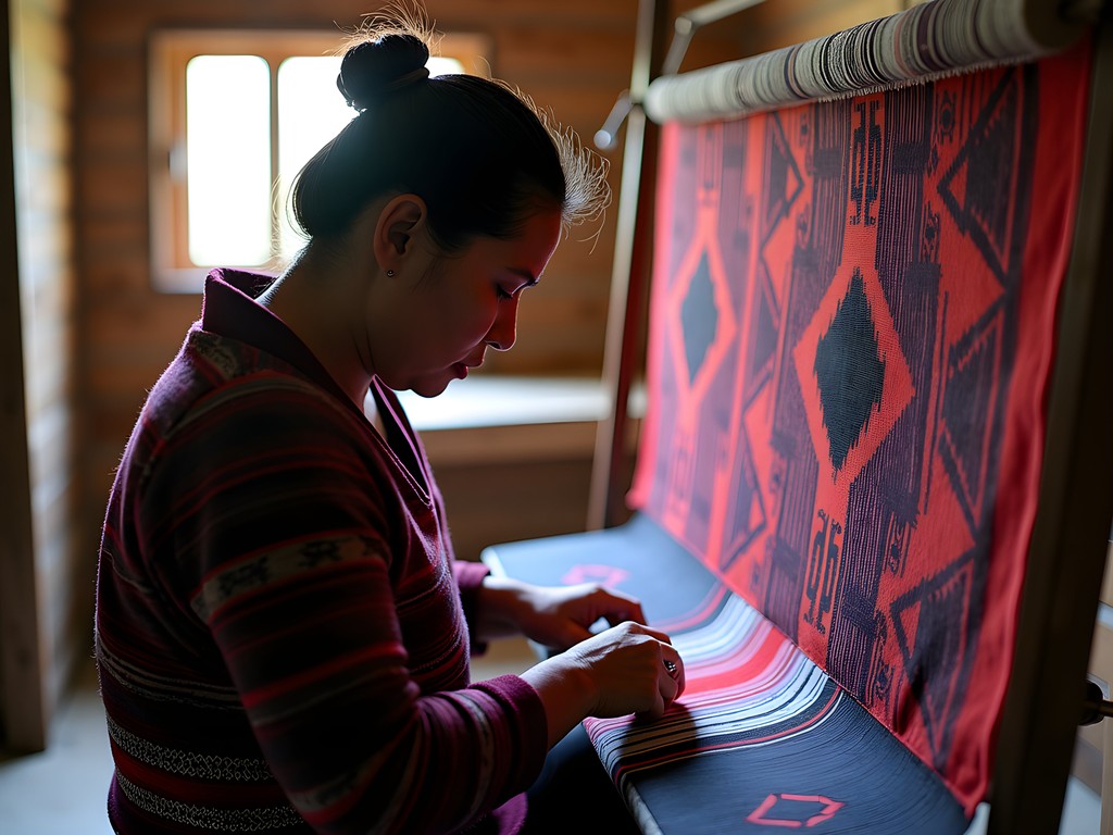 Mapuche weaver demonstrating traditional witral loom techniques with colorful textiles