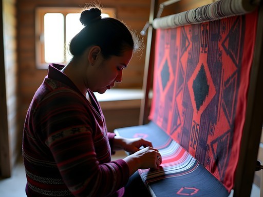 Mapuche weaver demonstrating traditional witral loom techniques with colorful textiles