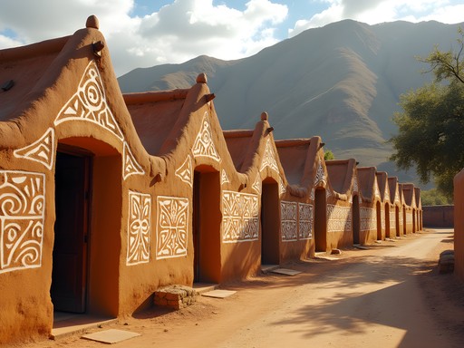 Traditional Litema geometric designs on Basotho houses in Teyateyaneng region, Lesotho