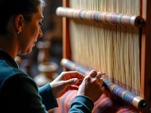 Rachel Hayes learning traditional tapestry weaving techniques from Basotho master weaver in Teyateyaneng