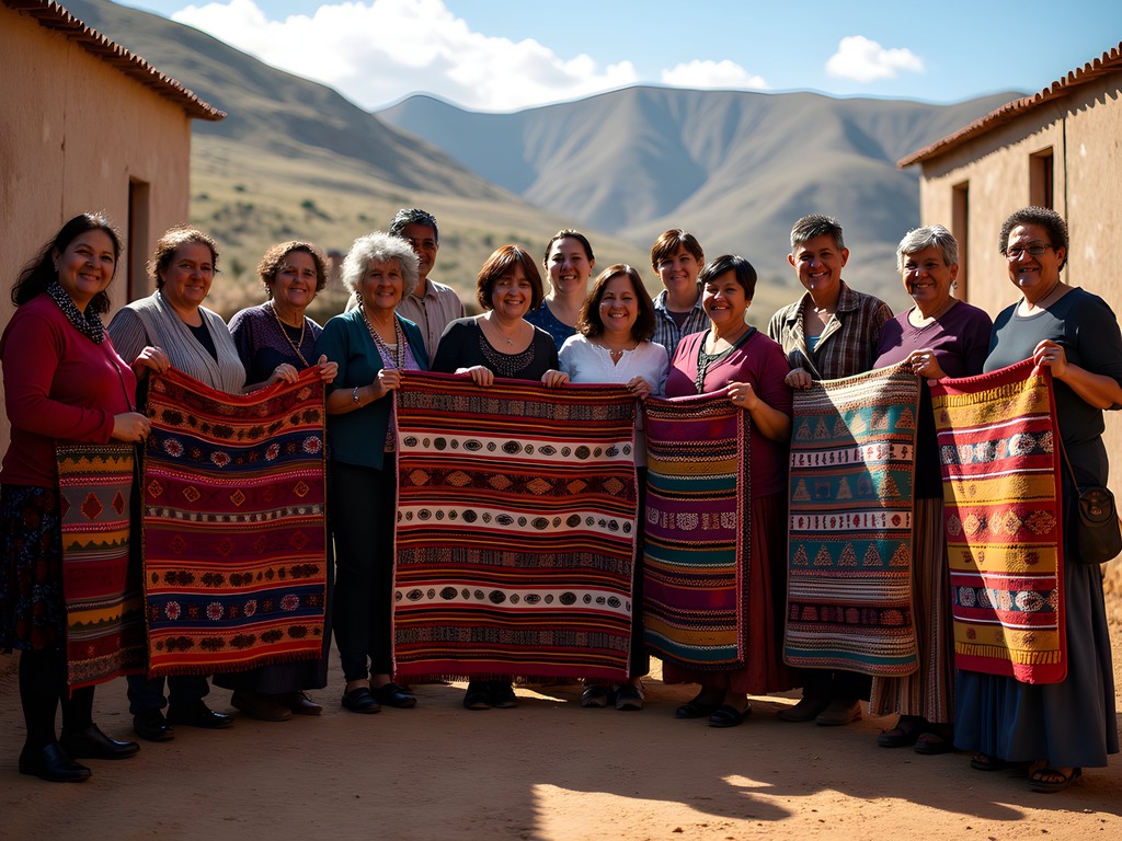 Rachel Hayes with members of a women's weaving cooperative displaying traditional Basotho tapestries in Teyateyaneng