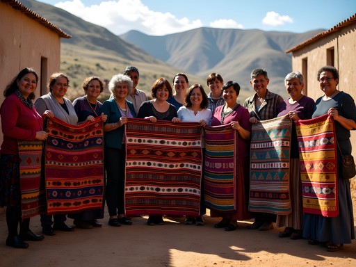 Rachel Hayes with members of a women's weaving cooperative displaying traditional Basotho tapestries in Teyateyaneng