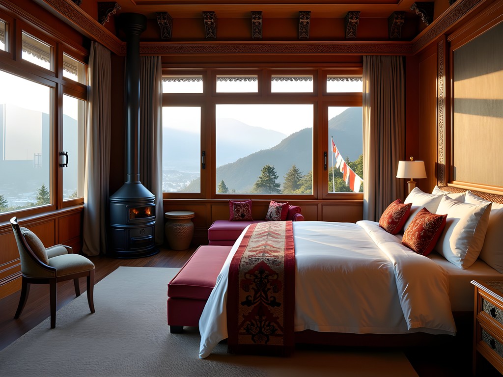Luxury accommodation in Thimphu with traditional Bhutanese architecture and mountain views