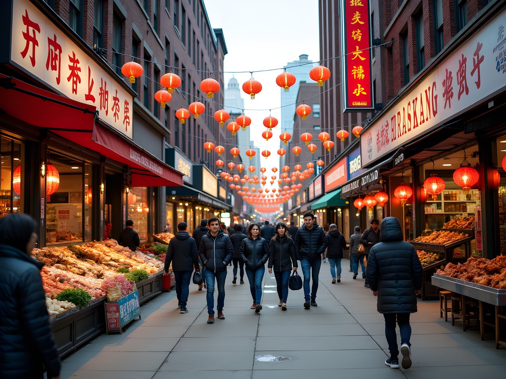 Busy street scene in Toronto's downtown Chinatown with shops, restaurants and Chinese signage