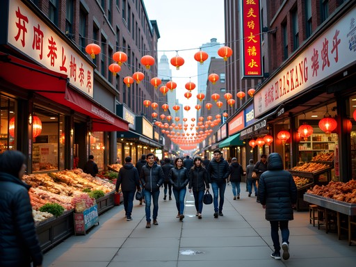 Busy street scene in Toronto's downtown Chinatown with shops, restaurants and Chinese signage
