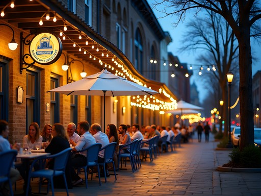 Evening street scene in Toronto's Greektown with restaurant patios and blue and white decor