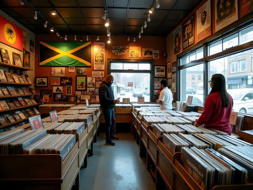Interior of a record shop in Toronto's Little Jamaica with vinyl collections and reggae memorabilia