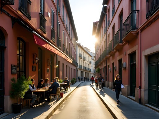 Morning light in the Carmes district of Toulouse with historic pink brick buildings and local cafe