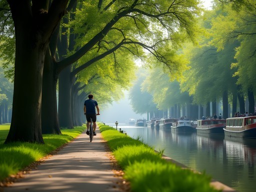 Cycling along the tree-lined Canal du Midi towpath in Toulouse