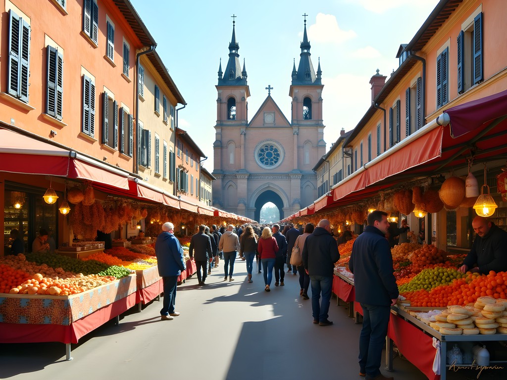 Vibrant Sunday market at Saint-Aubin with locals shopping for fresh produce
