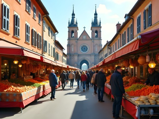 Vibrant Sunday market at Saint-Aubin with locals shopping for fresh produce