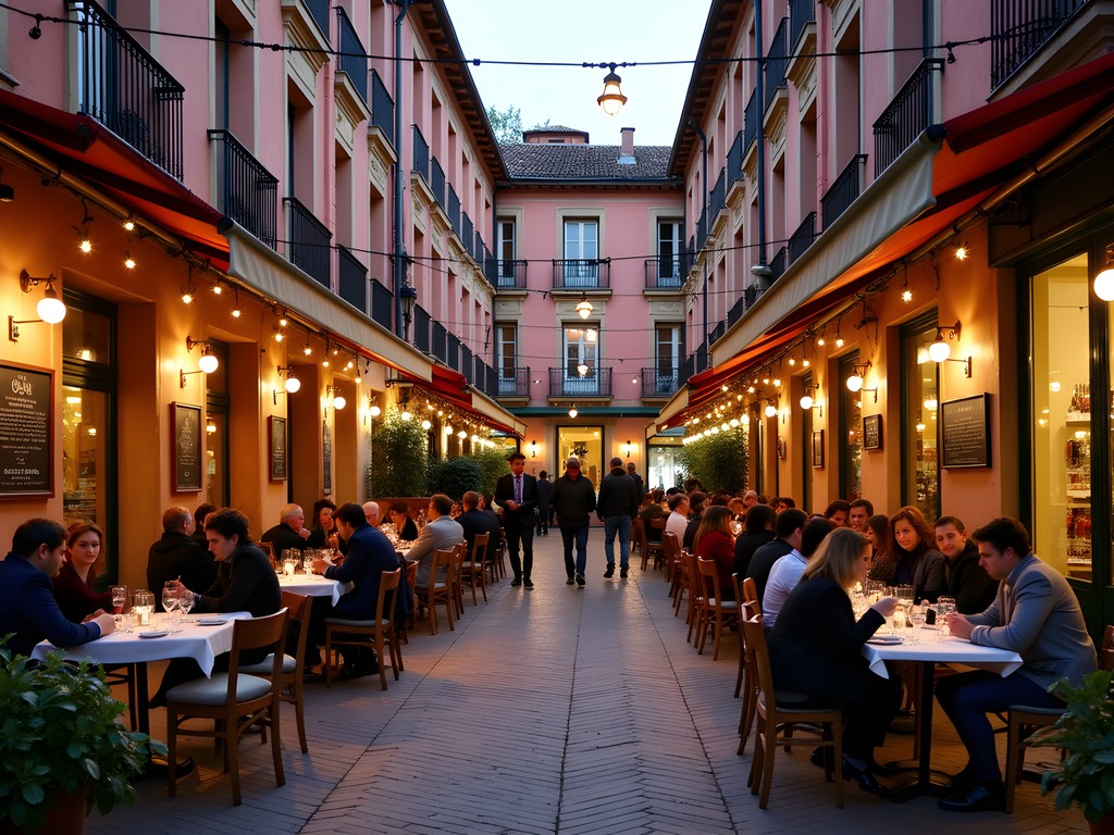 Evening outdoor dining in a small square in Toulouse with pink buildings and string lights