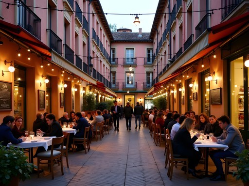 Evening outdoor dining in a small square in Toulouse with pink buildings and string lights