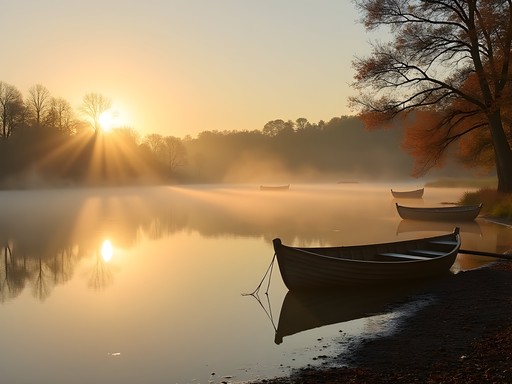 Delaware River at Washington Crossing State Park with morning mist rising over water