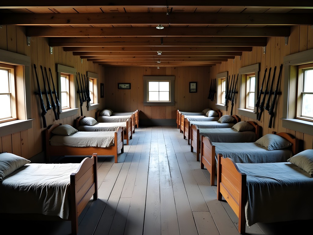 Interior of Old Barracks Museum showing authentic colonial soldier bunks and period furnishings